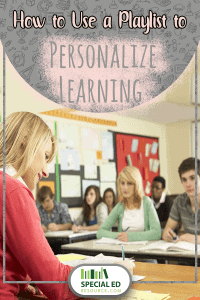 Teacher sitting at her desk in front of her classroom full of students using a playlist to personalize learning.