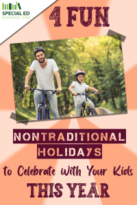 Dad and son on a bike ride trying out one of the 4 Fun Nontraditional Holidays to Celebrate With Your Kids This Year.