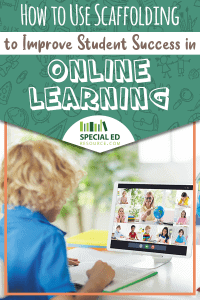 A young boy on a laptop at home with his teacher and classmates while his teacher is using scaffolding to improve student success in online learning.