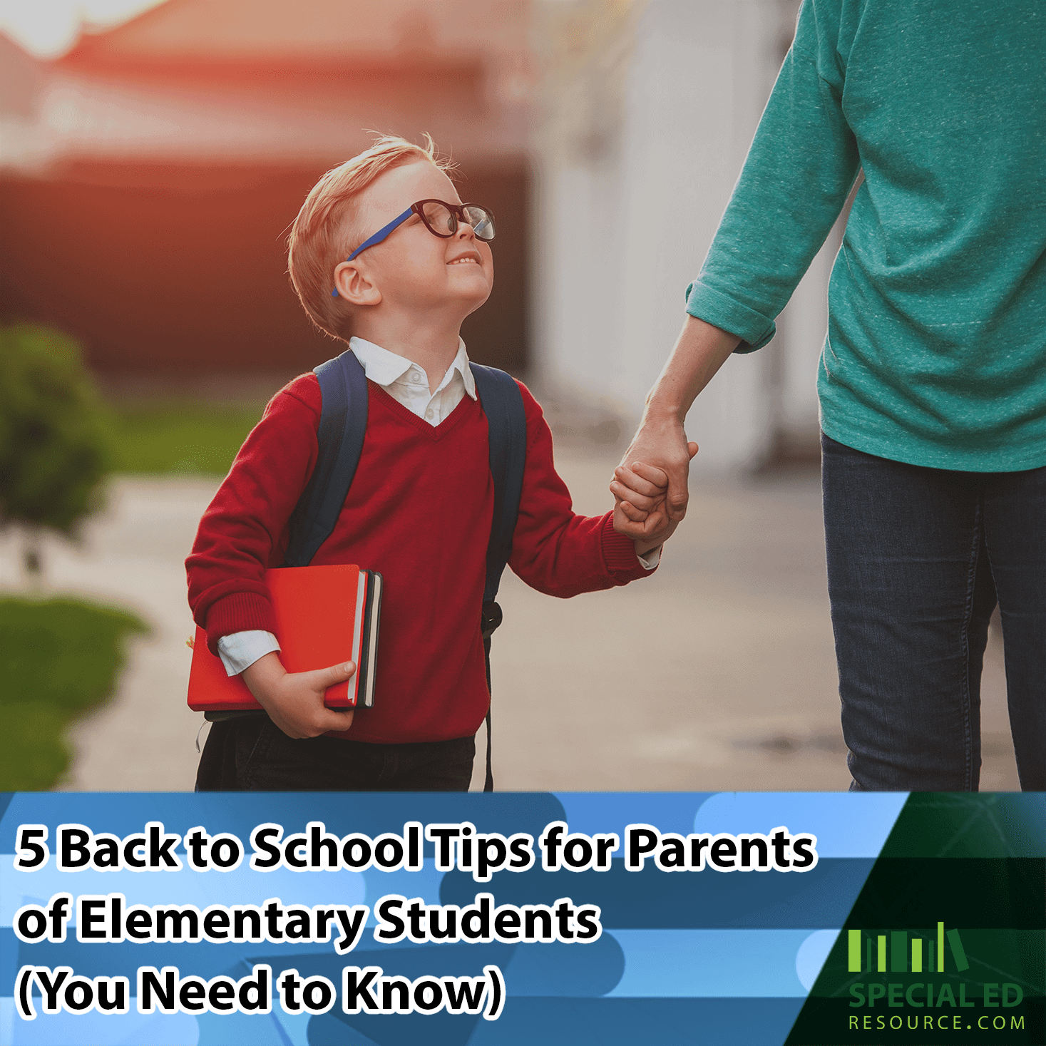 Mom walking her son to school on his first day. Help put your mind at ease with one of these 5 back to school tips for parents of elementary students.