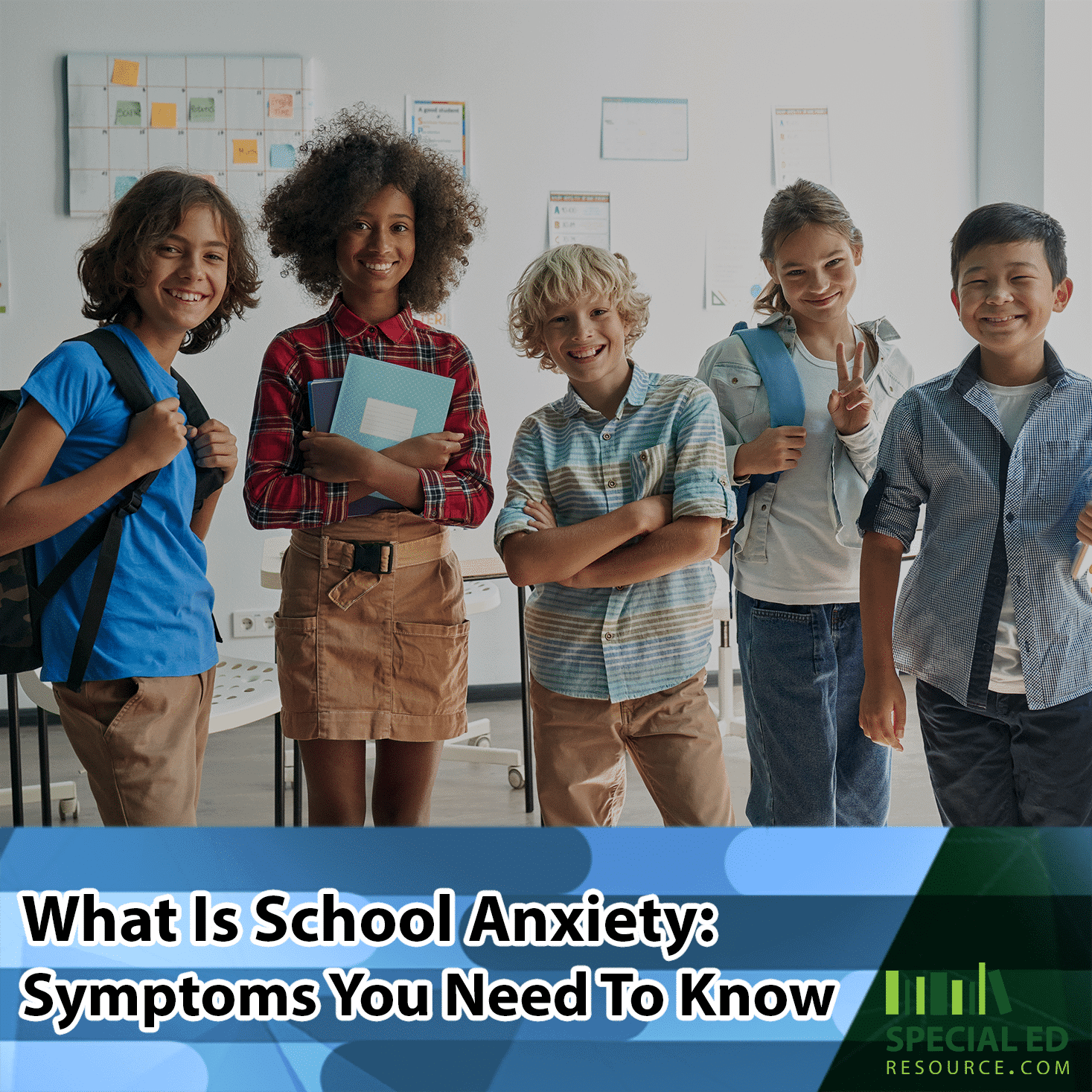 Group of children standing in a classroom not showing school anxiety symptoms.
