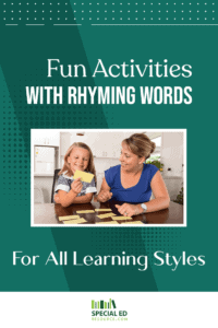 Mother and daughter smiling and playing with rhyming word cards on a kitchen table, illustrating one of the fun activities with rhyming words for all learning styles.