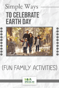A family of four hiking through a sunlit forest, with the parents holding hands with their young son and daughter, illustrating an article titled 'Simple Ways to Celebrate Earth Day (Fun Family Activities)' on SpecialEdResource.com