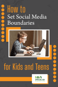 A young boy with glasses focused on using a laptop at a desk, with a mug and smartphone nearby, using the social media boundaries for kids his parents established from the tips in this blog post by /