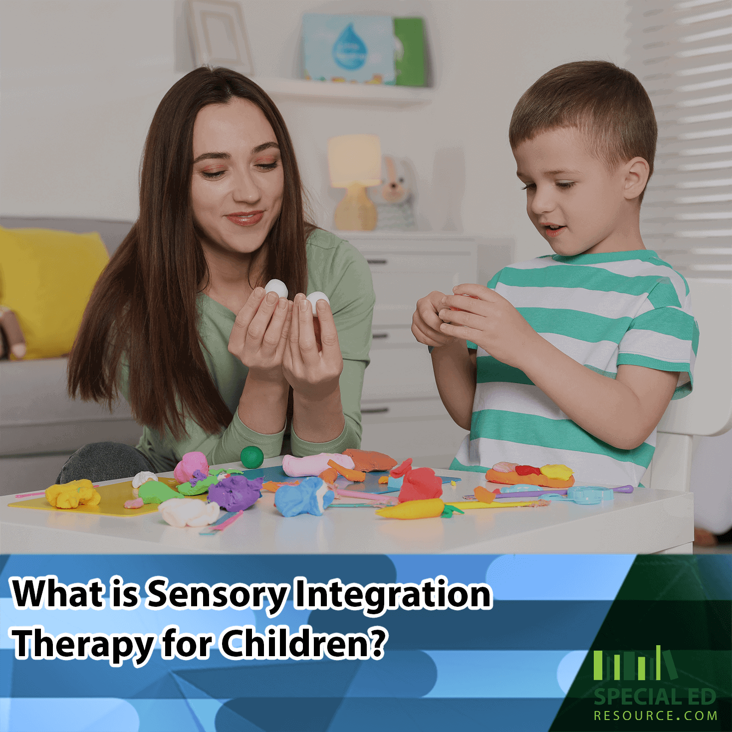 A woman and a young boy are sitting at a table covered with colorful modeling clay. The woman and boy are holding pieces of clay, engaging in a playful activity. The text on the image reads "What is Sensory Integration Therapy for Children?" with a logo for Special Ed Resource in the bottom right corner.