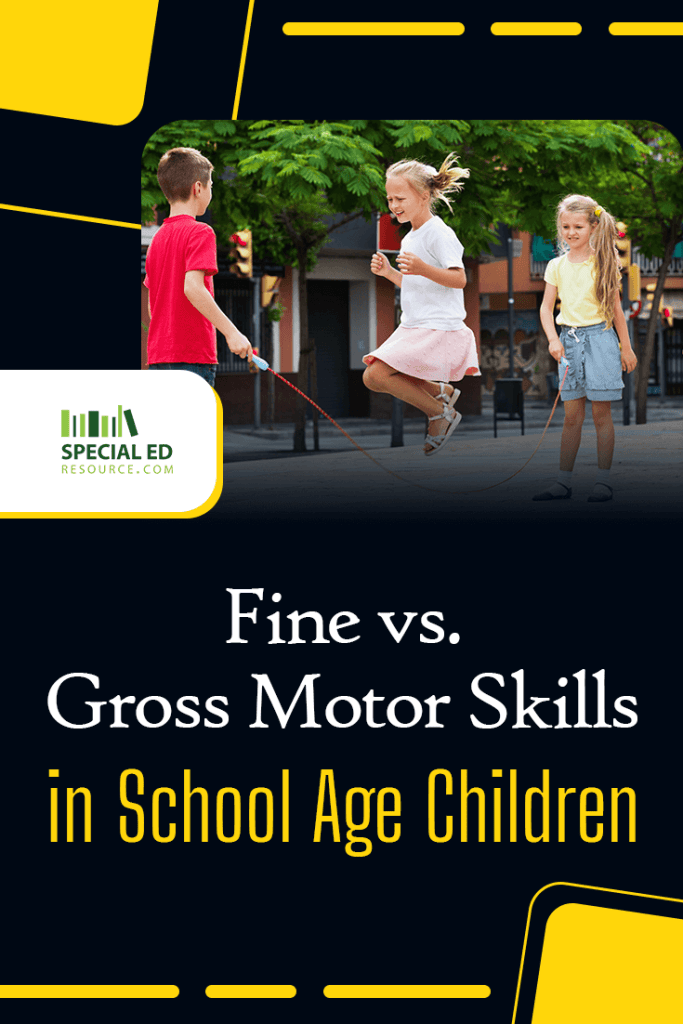 Three children playing outdoors. One girl is jumping rope while another child swings the rope and a third child watches. The background features trees and buildings, suggesting an urban or suburban setting. Overlaid text reads, "Fine vs. Gross Motor Skills in School Age Children," with the "Special Ed Resource" logo visible in the top left corner.