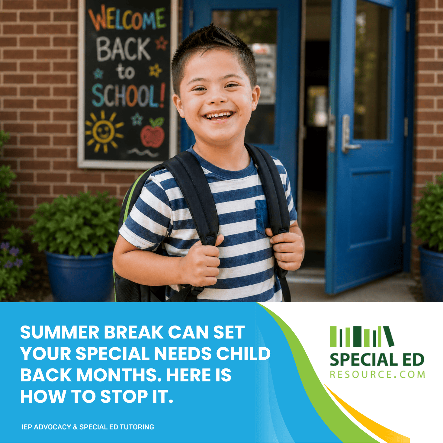 A child with special needs sitting at a table with books and learning materials during summer, supported by a caring adult tutor