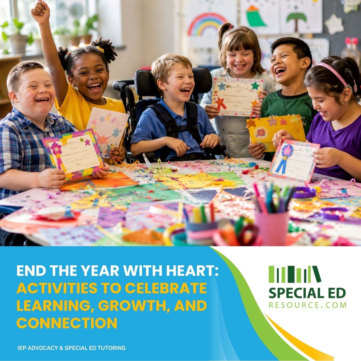 Special needs students and families celebrating the end of the school year together with smiles and colorful decorations