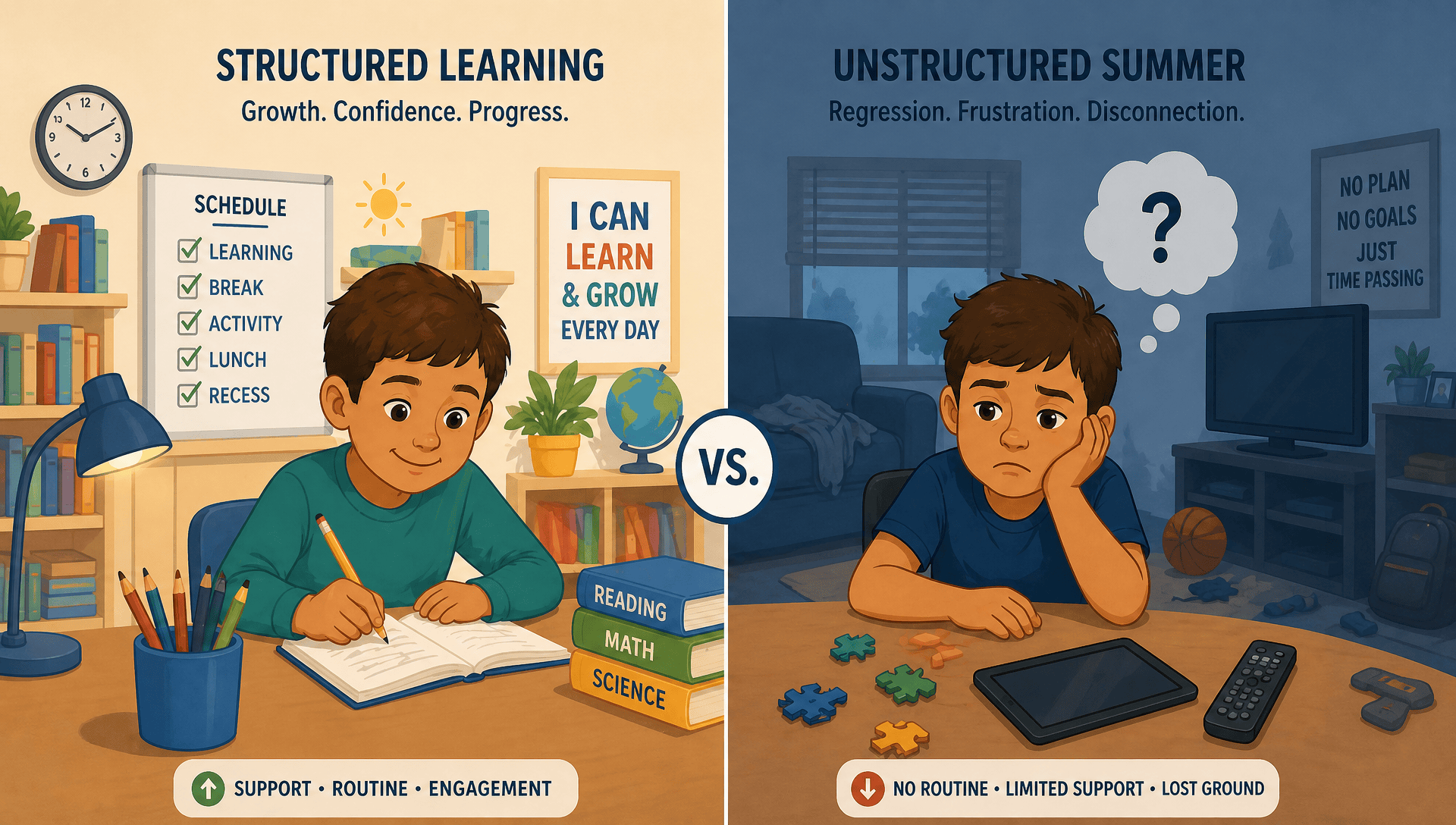 A child with special needs sitting at a table with books and learning materials during summer, supported by a caring adult tutor