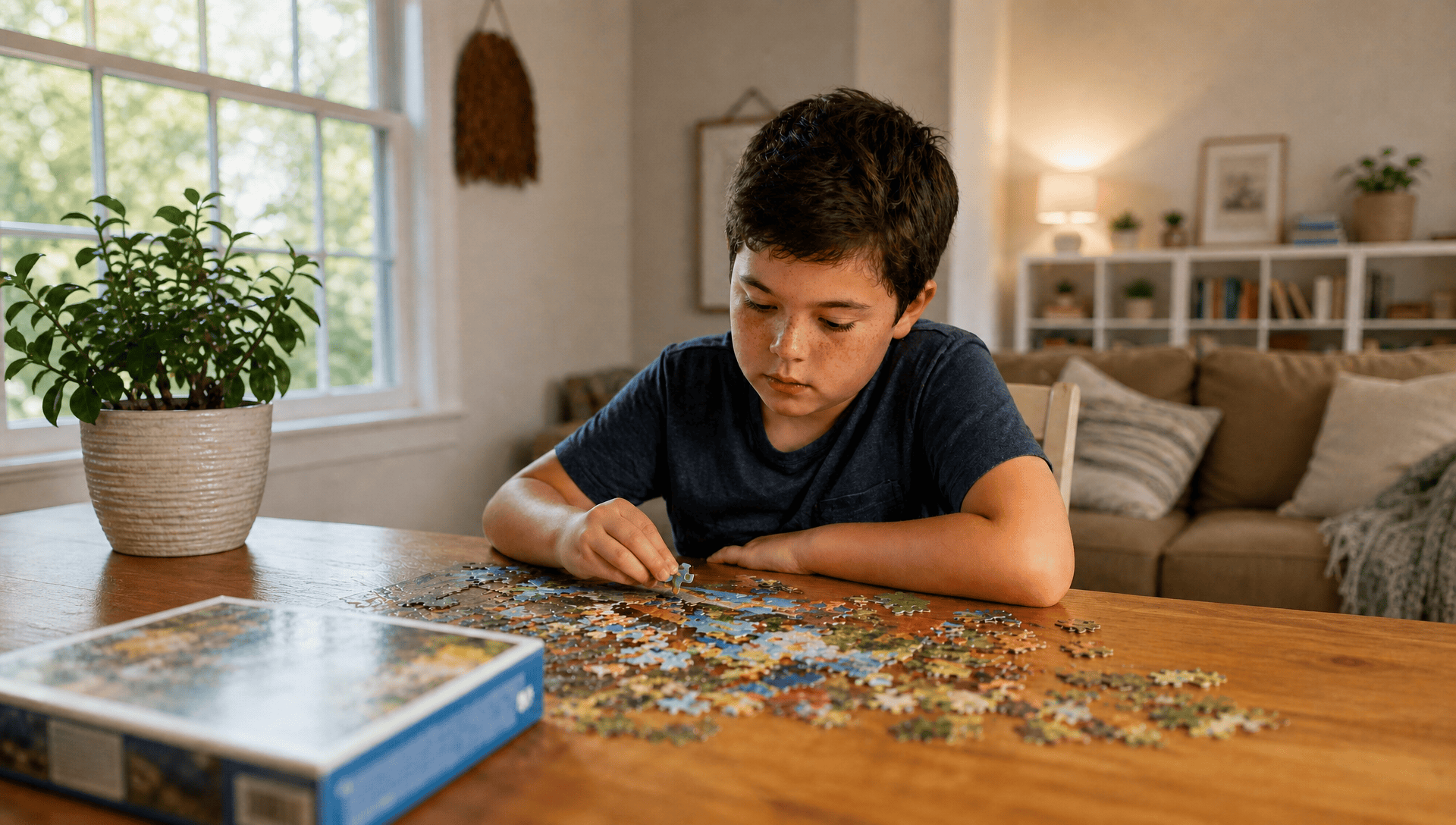 A child with special needs sitting at a table with books and learning materials during summer, supported by a caring adult tutor