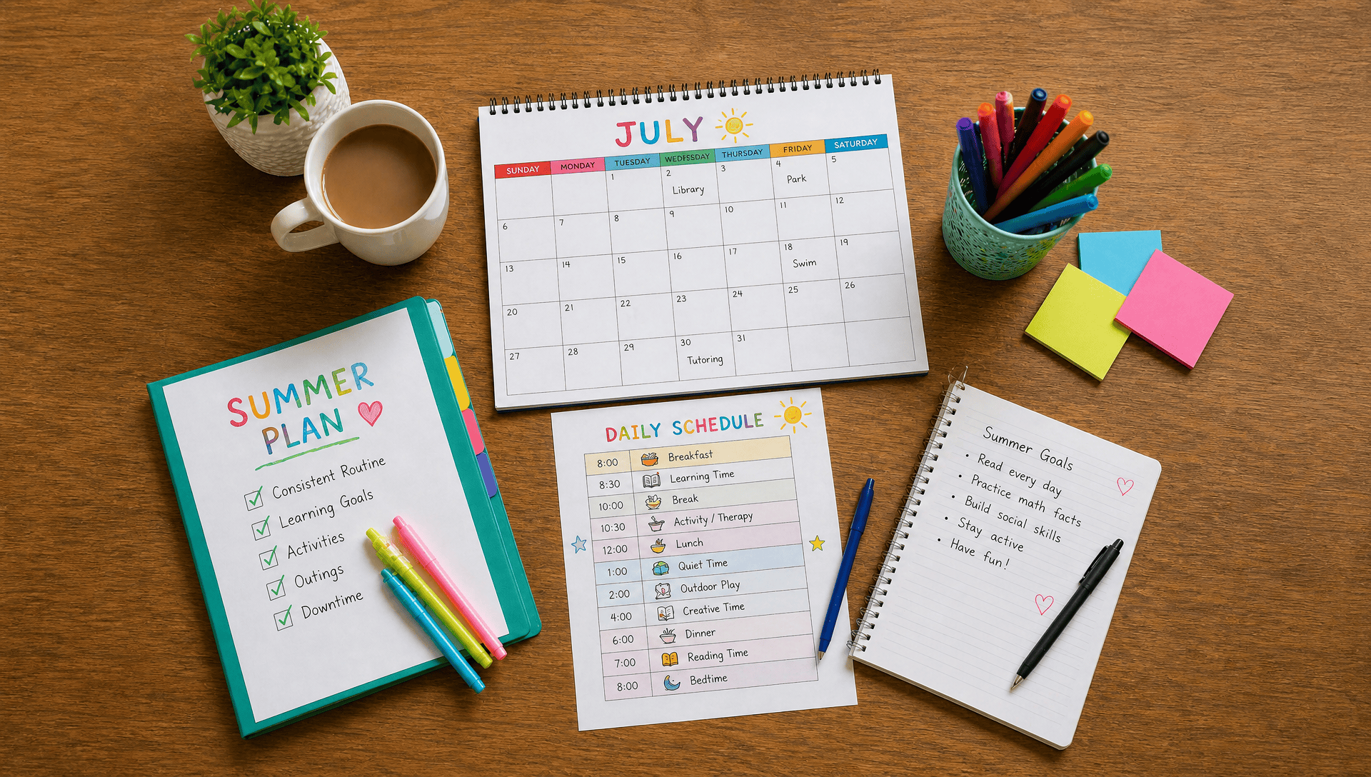 A child with special needs sitting at a table with books and learning materials during summer, supported by a caring adult tutor