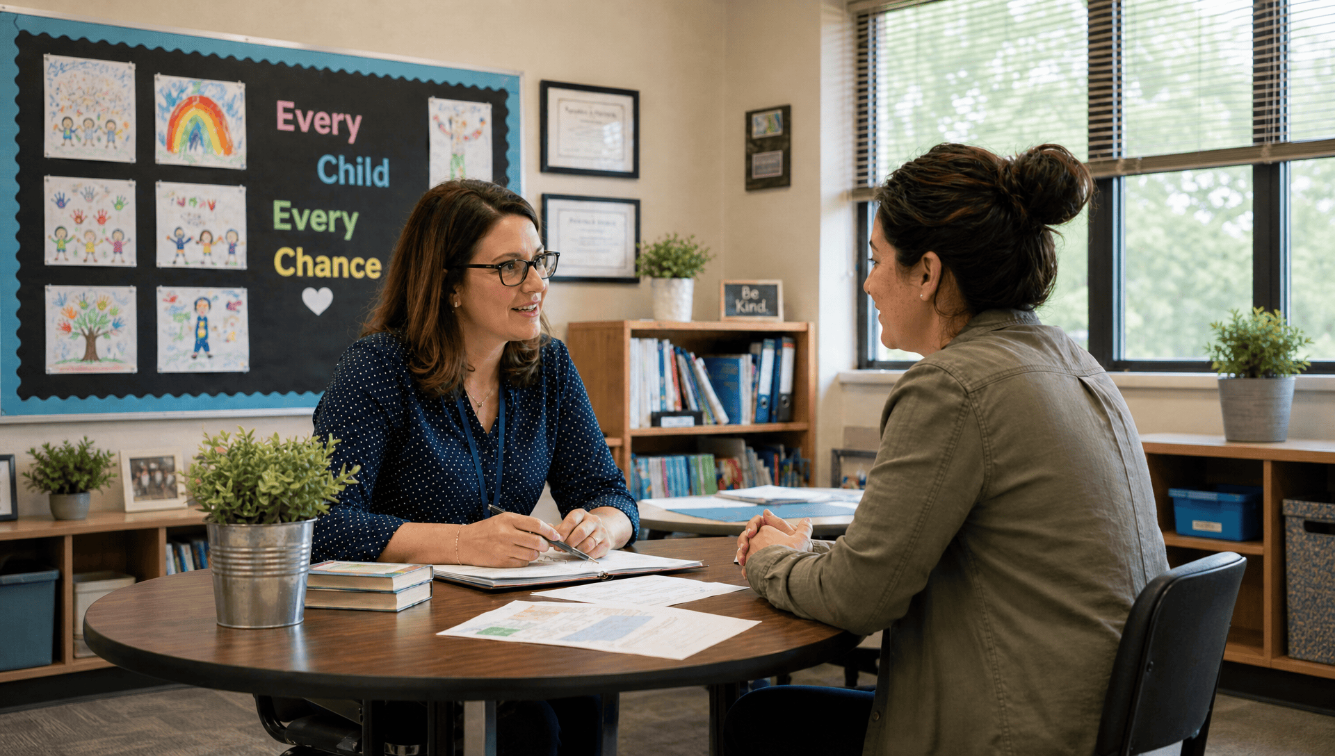 A child with special needs sitting at a table with books and learning materials during summer, supported by a caring adult tutor